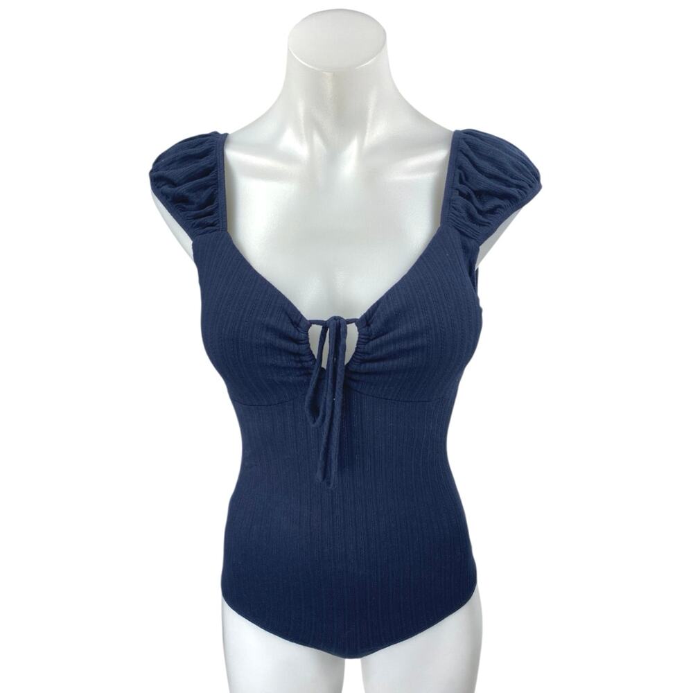 Sage The Label Blue Rib Knit Short Puff Sleeve Tie Neck Cutout Bodysuit Top Sz S
